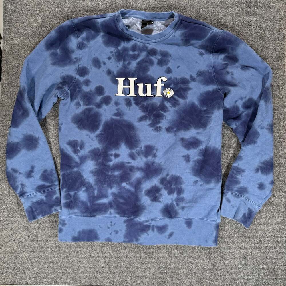 HUF Blue Tie Dye Daisy Graphic Crewneck Sweatshirt Size Large